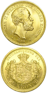 Svensk 20 Kronor - Oscar II - 8,065 gram guld - Varierande präglingsår