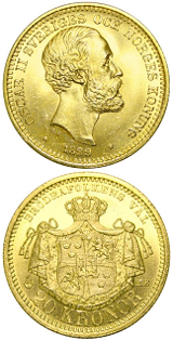 Svensk 20 Kronor - Oscar II - 8,065 gram guld