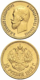 Rysk 10 rubel - 7,74 gram guld - Varierande präglingsår